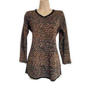 Misook XS Black Brown V Neck Knit Sweater Stretchy No Wrinkle Long Sleeve Print